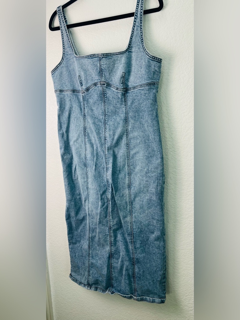 Wild Fable Denim Midi Dress Light Wash Bodycon Square Neck Side Slit Large - Picture 2 of 14